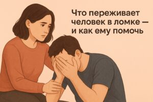 Женщина сидит рядом с мужчиной, который держится за голову (ломка).